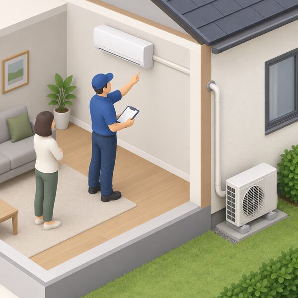An installer standing in a room with a clipboard beside a wall-mounted indoor head, tracing the pipe route through the wall to an outdoor unit sited on the ground outside, while the householder looks on.