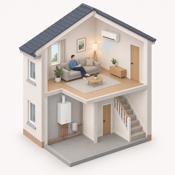 A split air-to-air indoor head mounted high on a living room wall, shown in the same simplified house cutaway as a gas boiler on the ground floor with its pipework, so the two systems appear working alongside each other in a hybrid arrangement.