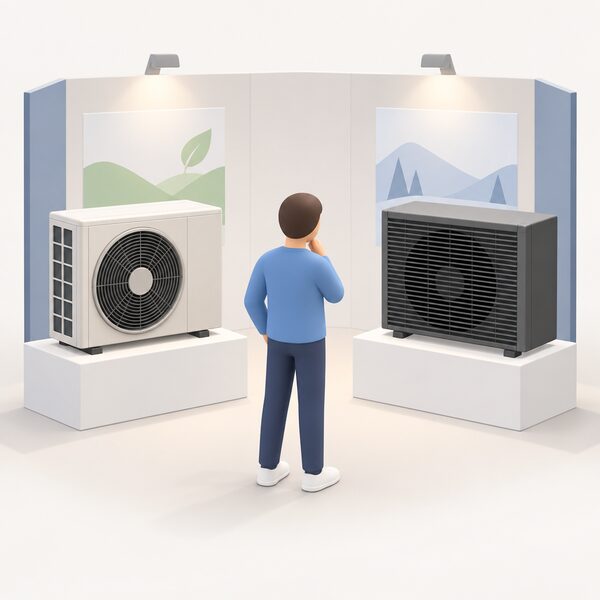 A simplified visitor stands at an exhibition stand comparing two air source heat pump units displayed side by side on plinths, looking between them.
