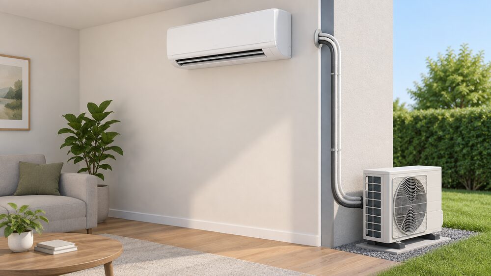 A close-up of a single white wall-mounted split air-to-air indoor head fixed high on an interior room wall, with its refrigerant pipework and condensate line passing through the external wall behind it to a slim outdoor compressor unit standing on the ground outside.