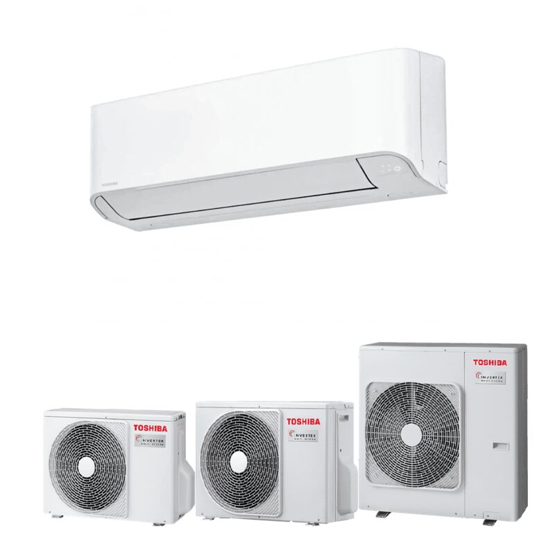 A Toshiba wall-mounted air conditioning indoor unit above three Toshiba multi-split inverter outdoor condenser units on a white background