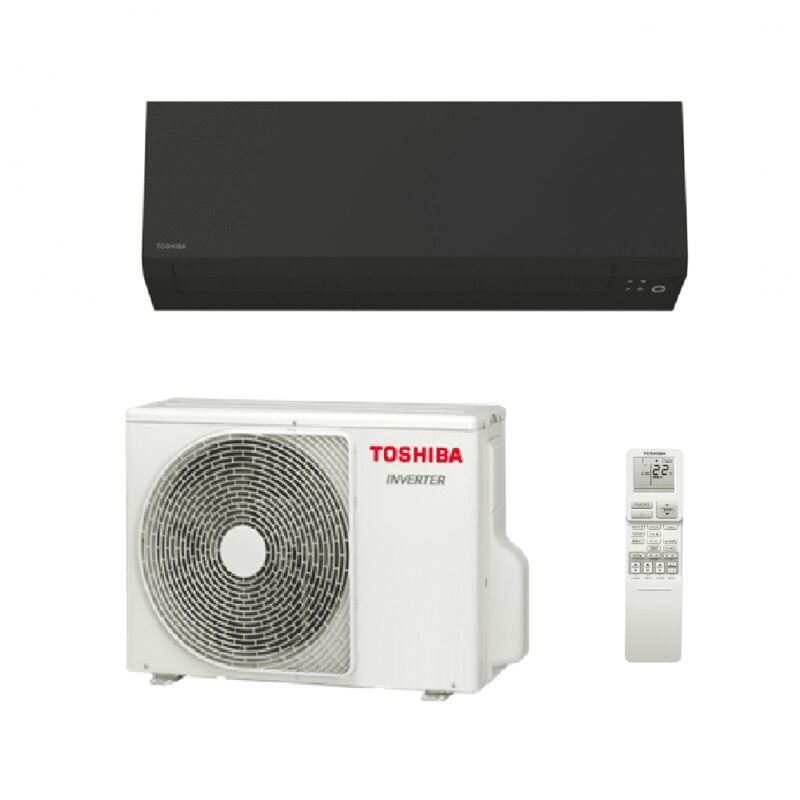 A Toshiba air conditioning heat pump split system with a black wall-mounted indoor unit, white outdoor inverter unit and remote control on a white background