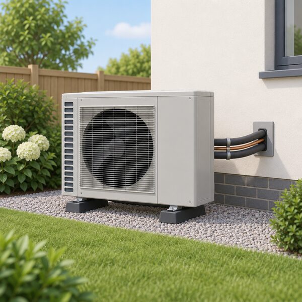 A single outdoor air source heat pump unit standing on the ground beside the exterior wall of a house, with a fan grille on its front and pipework entering the wall, drawn as a plain unbranded monobloc unit in a garden setting.