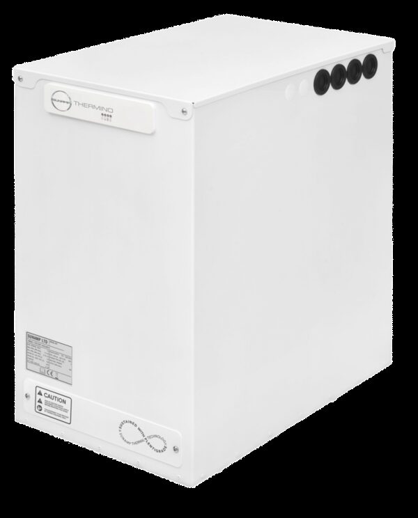 A white Sunamp Thermino thermal battery / heat storage unit shown against a plain background