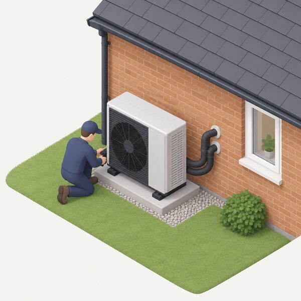 An MCS accredited installer in plain work clothing fits an air-to-water heat pump unit on a concrete base outside the rear wall of a house, connecting insulated flow and return pipes into the property while the householder's grant application is handled by the installer.