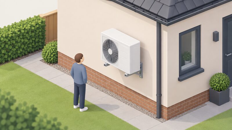 A white Activair outdoor air source heat pump unit fixed to a wall bracket beside the external wall of a domestic house, with a small isometric figure standing beside it looking at the installation.