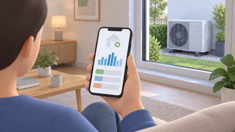 A hand holds a smartphone in a home setting, its screen showing a heat pump control app with a plain power usage bar chart and simple information code blocks, an outdoor air source heat pump unit visible through a window behind.