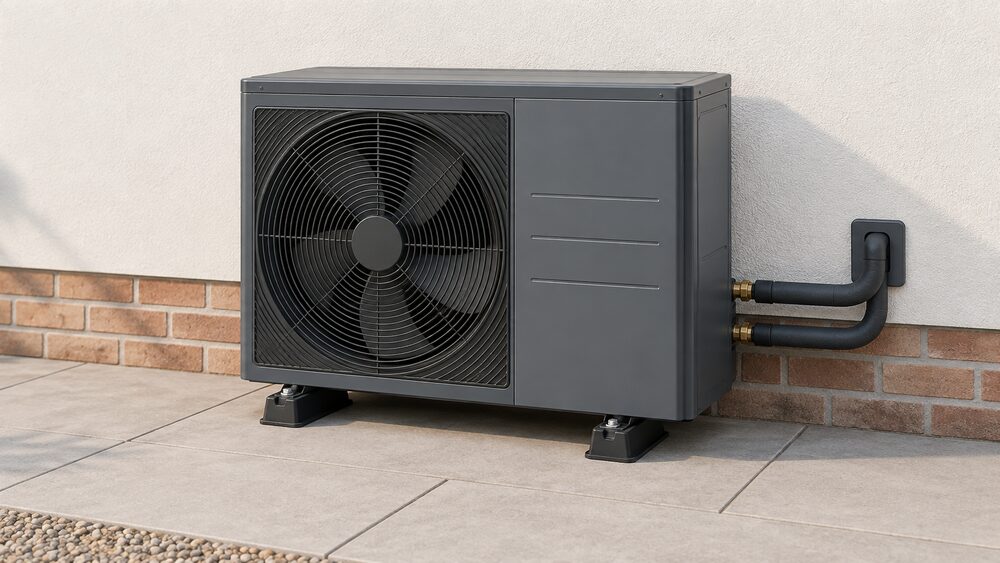 A single Activair Pro R290 outdoor monobloc air source heat pump unit standing on the ground against an external house wall, shown close up in daylight with its fan grille and pipework visible and nothing else in the scene.