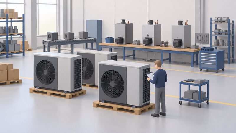 A simplified factory floor where an older-style oil boiler sits on a workbench in the background while modern Activair-style outdoor heat pump units stand in the foreground, with one plain-clothed worker inspecting a heat pump unit.