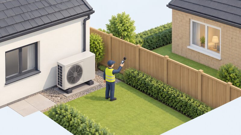 An air source heat pump outdoor unit standing on the ground close to a detached house's side boundary, with a neighbouring house window a short distance beyond the fence line, an assessor's small figure nearby with a sound level meter showing the noise-based siting check.