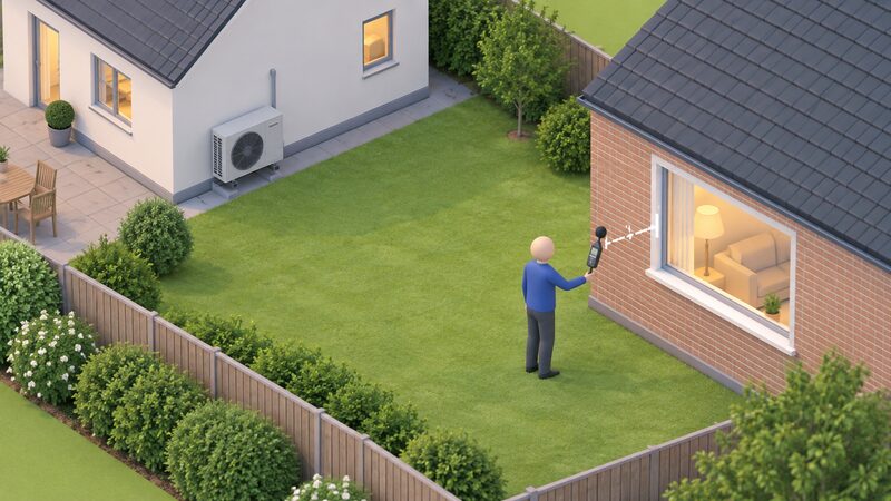 A simplified figure stands in a garden holding a sound level meter on a short pole one metre from a neighbour's lit habitable room window, with the detached house's air source heat pump outdoor unit visible on the far wall of the property being assessed.
