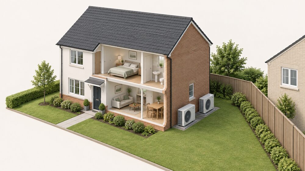 A detached house seen from outside with two air source heat pump fan units standing on the ground at the side of the property, one slightly nearer the neighbouring boundary than the other, with a neighbour's window visible across the boundary fence.