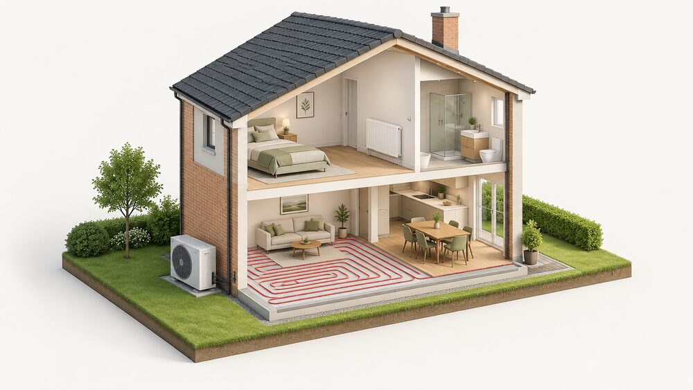 A cutaway house showing an air source heat pump unit standing outside on the ground, underfloor heating pipes laid in the floor screed of a ground-floor room, and a large radiator mounted on a wall of an upstairs room.