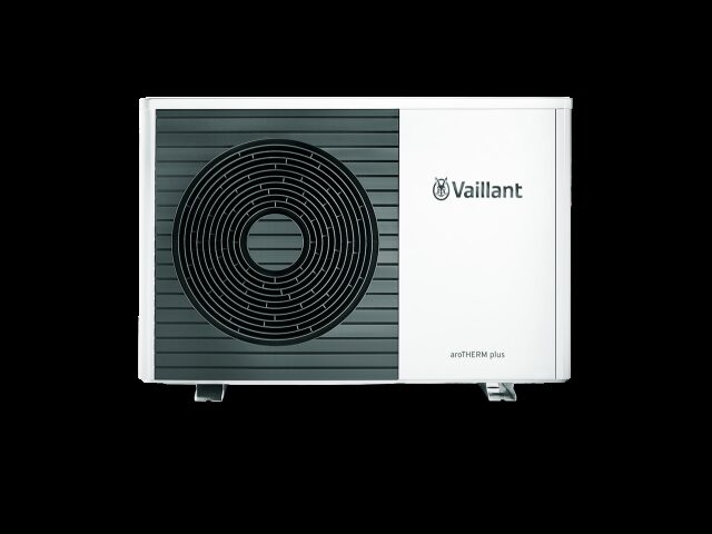 A Vaillant aroTHERM plus air source heat pump outdoor unit on a white background