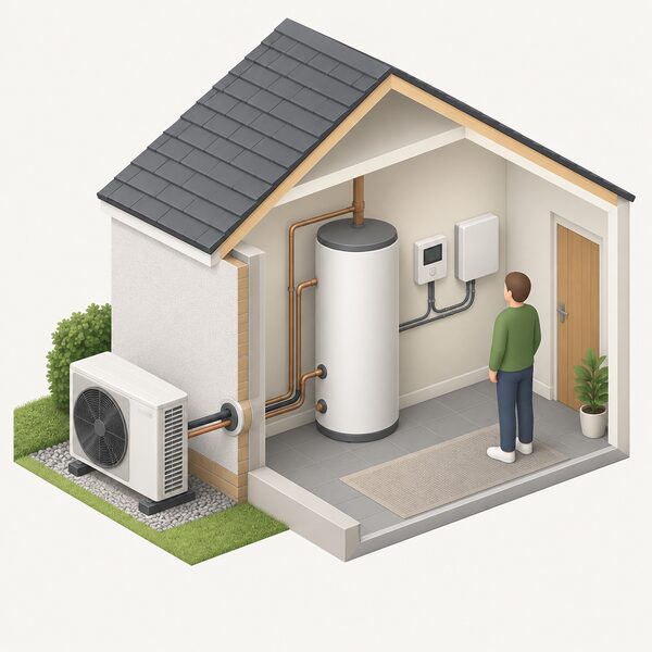 An isometric cutaway of a home showing an outdoor heat pump unit on an outside wall connected by pipework to an indoor cylinder, with a wall-mounted control and a wiring centre nearby linked by cables, all forming one assembled system.