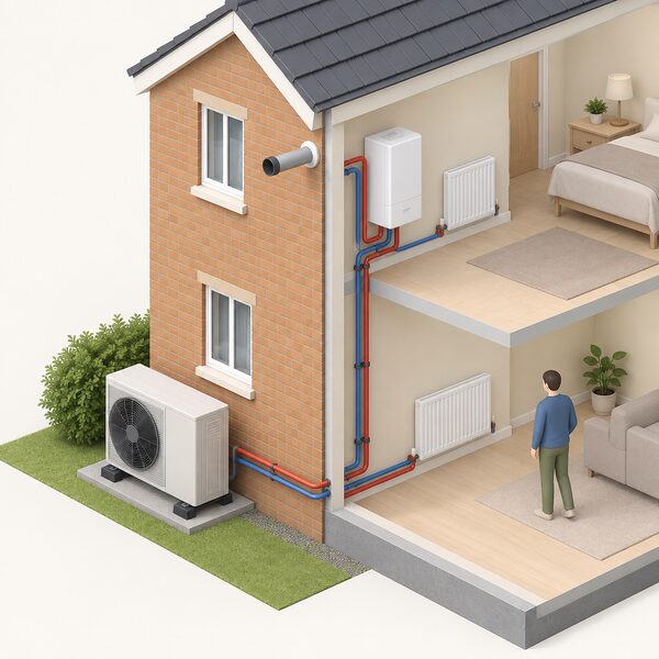 An isometric view of a house exterior wall showing an air source heat pump outdoor unit on the ground beside it and, higher on the same wall, a gas boiler flue terminal, with simplified pipe connections from both running into the house to serve one shared heating system.