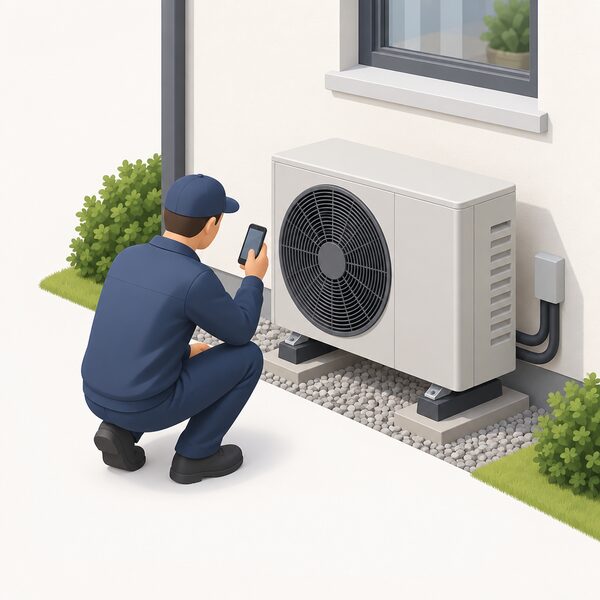 An engineer in plain work clothing crouched beside an air source heat pump outdoor unit on an outside wall of a house, holding a smartphone to view the installation during its annual service.