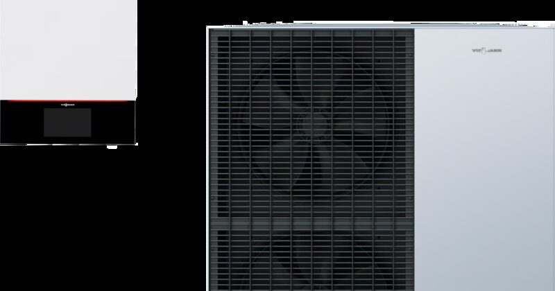 A Viessmann Vitocal 150-A air source heat pump outdoor unit with fan grille next to a small white indoor control unit