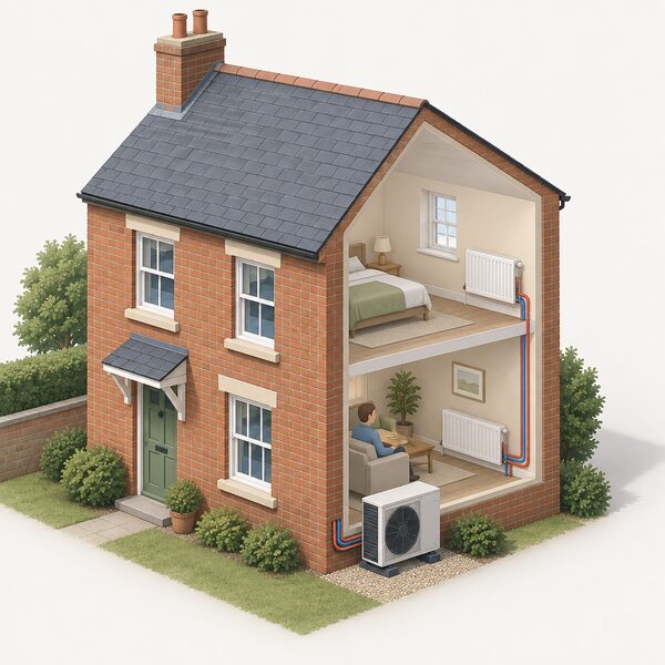 An air source heat pump outdoor unit mounted on the ground beside the external wall of an older detached house, with a pipe running through the wall to the existing radiators inside.