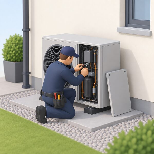 A competent installer in plain work clothing kneels beside an outdoor air source heat pump unit on a house exterior wall, with the unit's front panel open and the installer using hand tools on the internal components during an annual service visit.