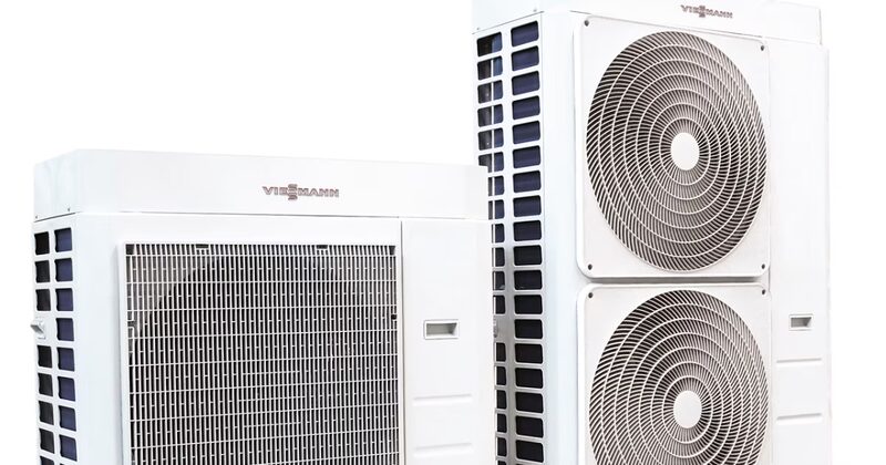 Two white Viessmann Vitocal air source heat pump outdoor units shown against a plain white background