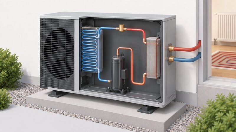 A cutaway view of an air-source Vitocal outdoor unit showing the refrigerant circuit as a continuous loop linking the compressor, the outdoor-air heat exchanger coil and the plate heat exchanger that connects to the heating water circuit going into the house.
