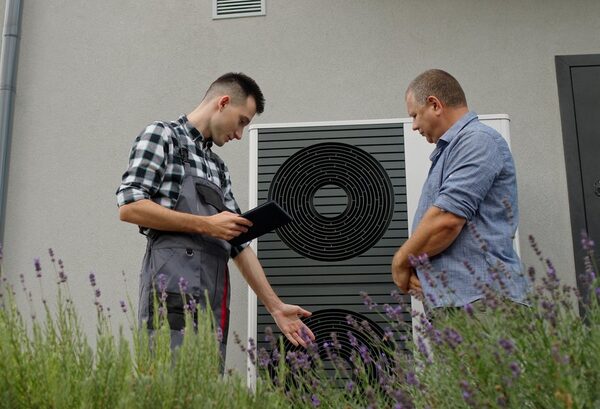 An engineer with a tablet showing a large air source heat pump unit to a homeowner outside a house