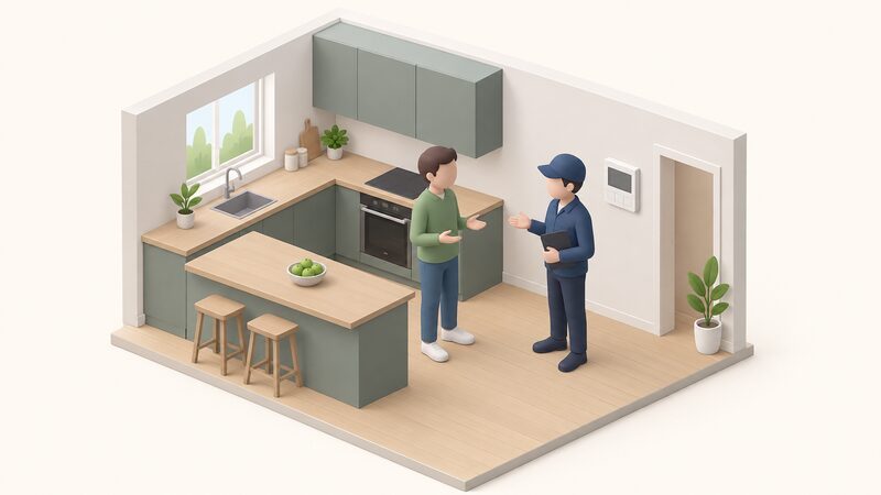 A host and a visitor standing and talking in a home kitchen, with a wall-mounted heat pump controller on the wall beside them, shown as a small isometric scene of a visit to an installed system.