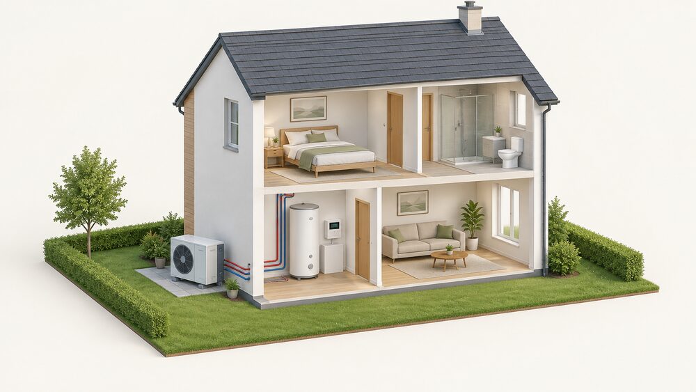 A cutaway of a house showing an air source heat pump fan unit standing outside on the ground against an external wall, with the hot water cylinder and heating controls visible inside the home, connected between them.