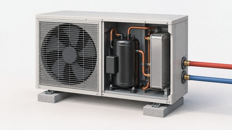 A cutaway diagram of a monobloc air source heat pump outdoor unit revealing the compressor, the refrigerant-to-water heat exchanger and the axial fan, with the compressor shown larger to suggest variable speed.