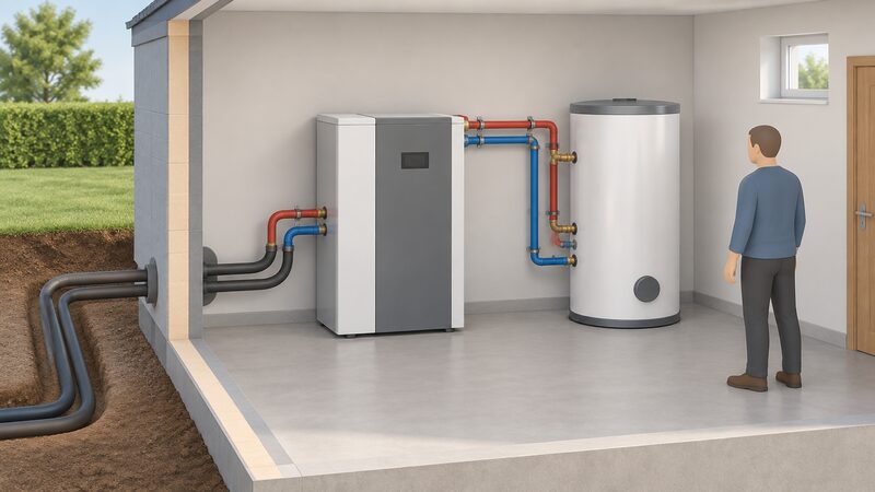 A ground source heat pump unit and a matched hot water cylinder standing side by side in a home plant room, with flow and return pipework connecting the two appliances and ground loop pipes entering through the wall from outside.