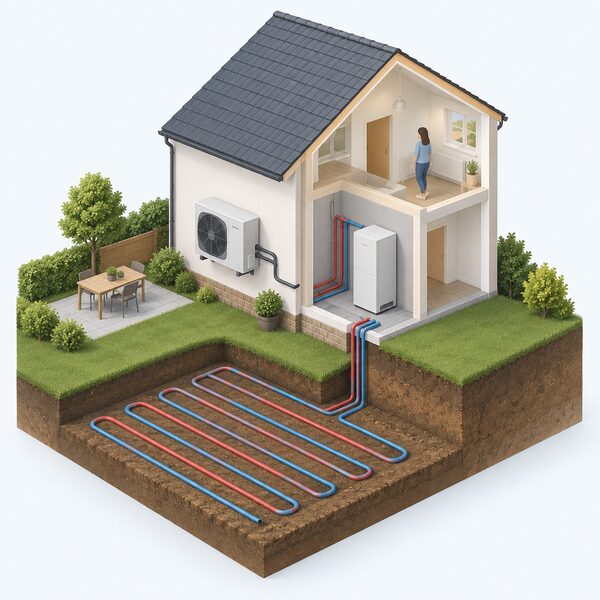 A cutaway scene showing an air source heat pump fan unit on the outside wall of a house, with a ground source heat pump unit inside connected to a horizontal loop array of pipes buried in the ground beneath the garden nearby.