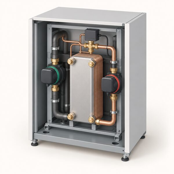 An open ground source heat pump cabinet shown in cutaway, revealing a plate heat exchanger with large surface area, two variable speed pumps serving the brine and heating circuits, and an electronic controlled expansion valve, all mounted together on a shared internal frame.
