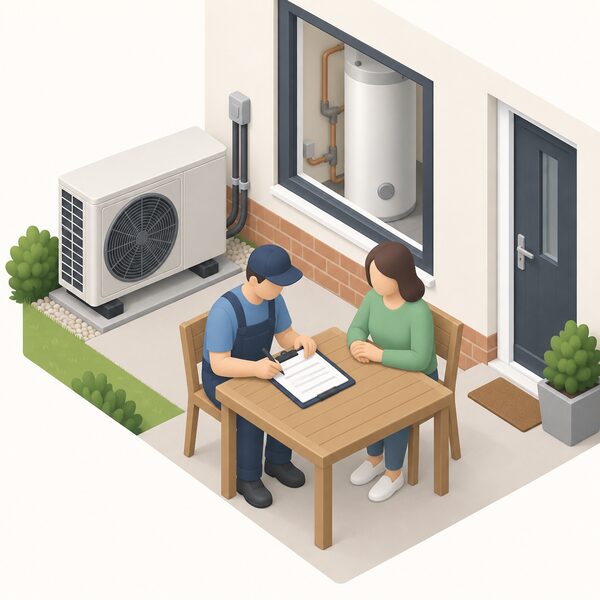 An installer stands at a table beside a newly fitted air source heat pump outside a house, filling in a printed grant application form on the householder's behalf, with a clipboard and pen in hand and the outdoor unit and pipework visible through the window behind.