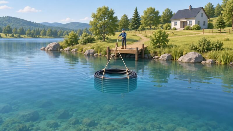 A closed loop coil being lowered by rope from the shore of a rural lake, partly submerged in the water, with a small rural property visible on the bank behind and no pipework discharging water back into the lake.