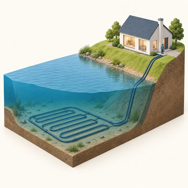A cutaway view of a lake or large pond showing a sealed loop of coiled pipes filled with anti-freeze fluid resting submerged on the bed, with pipes running up the bank to a house at higher elevation, no water taken in or discharged.