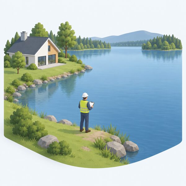 An installer stands at the edge of a large lake beside a nearby house, looking out over the water and taking notes on a clipboard as they assess its depth, size and suitability for a water source heat pump loop.