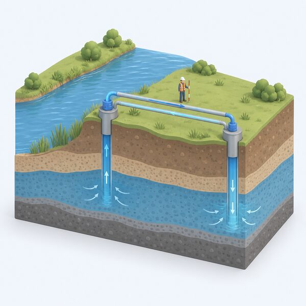 A cutaway riverside scene showing one borehole beside a river yielding water up through a pipe, and a separate second borehole receiving cooled return water, with a surveyor's simplified figure standing between them marking the ground.
