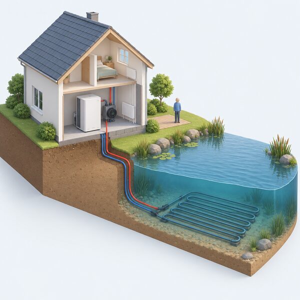 A cutaway scene showing a house with a water source heat pump unit inside connected by pipework running out to a pond where submerged collector coils rest on the bed, with the indoor unit and the underwater collector shown as two clearly separate parts of the installation.