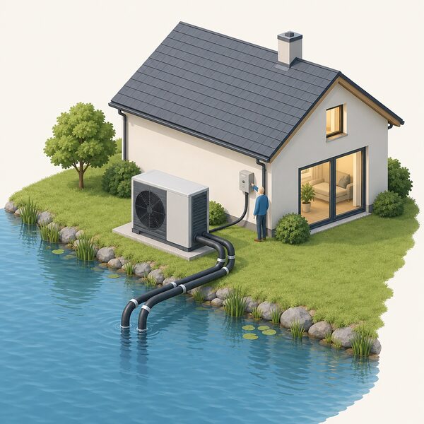 A water source heat pump unit standing beside a house near a pond or river, with insulated pipes running down into the water and a mains electricity cable from the property's supply connecting to the unit, drawn as a durable manufactured product.