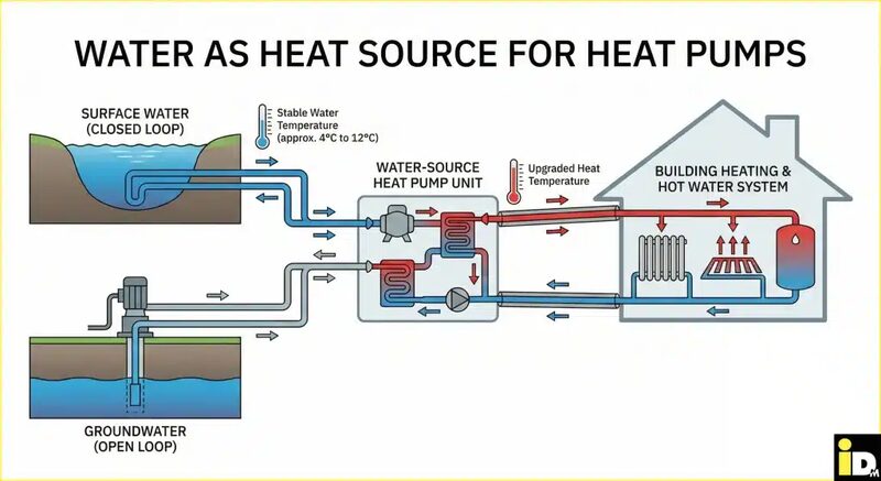 A labelled diagram showing how a water-source heat pump draws heat from surface water (closed loop) or groundwater (open loop) to supply a building's heating and hot water system