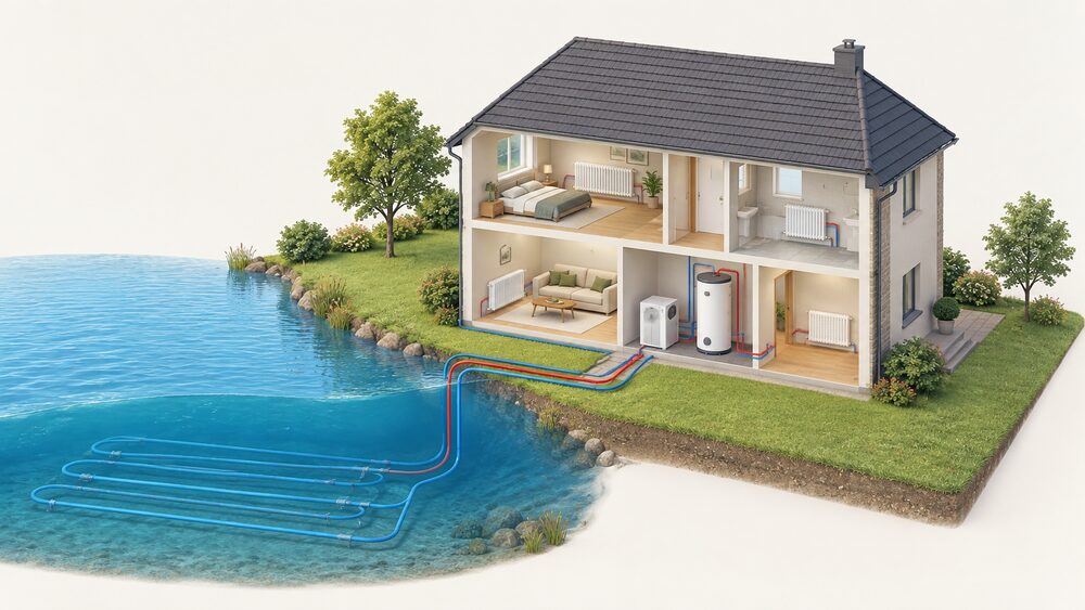 A cutaway of a house beside a lake, with a sealed loop of pipes submerged in the water running to a water source heat pump unit and a hot water cylinder inside the home, feeding radiators.