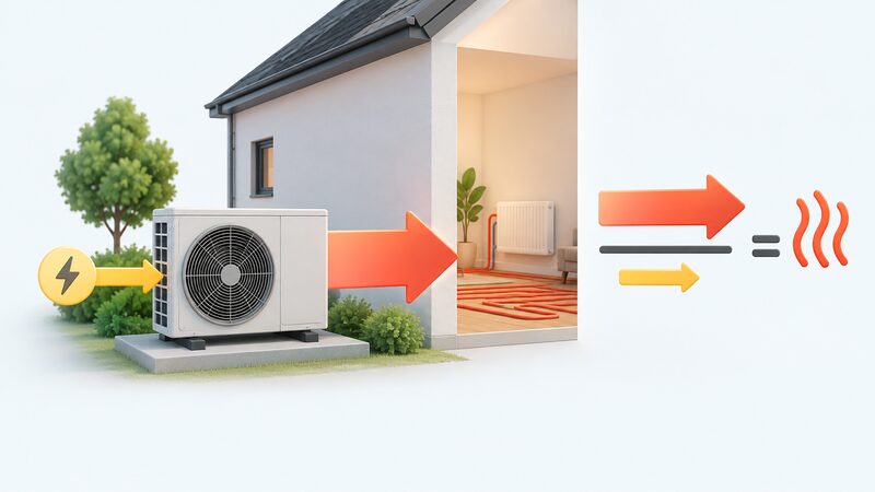 A simple diagram of an air-to-water heat pump unit outside a house with an arrow of electricity flowing in and a larger arrow of heat flowing out, both arrows feeding a fraction bar with heat output above and power input below to show the COP calculation.