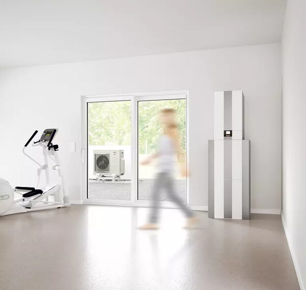 A WOLF split heat pump installed in a bright home room, with the indoor unit against the wall and the outdoor unit visible through the patio doors