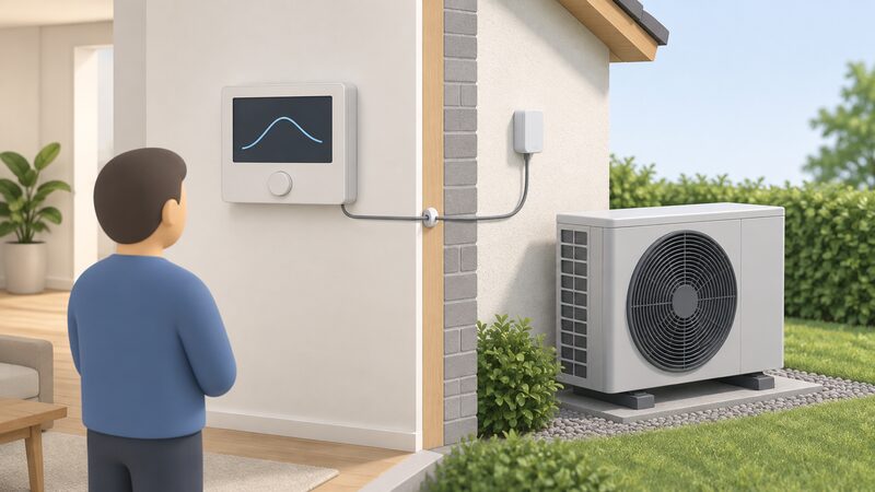 A wall-mounted heat pump controller shown as a physical object with a plain rising-and-falling weather compensation curve on its screen, connected by a thin sensor cable running through the wall to a small outdoor temperature sensor beside the air source heat pump unit outside.