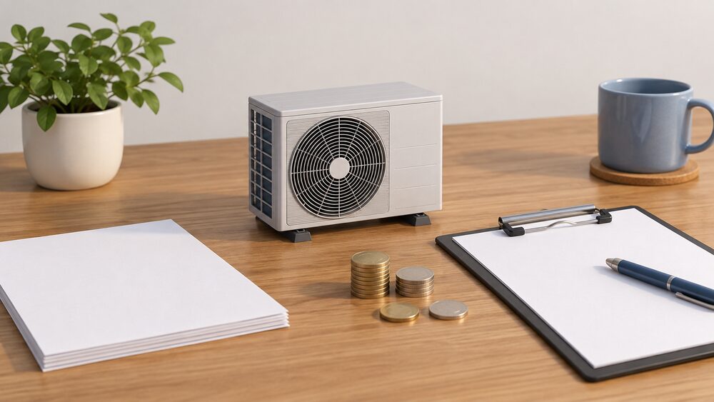 A small model of an air source heat pump fan unit sits on a wooden table beside blank paperwork, a clipboard with a pen, and a few coins, suggesting the moment a household weighs up heat pump performance figures.