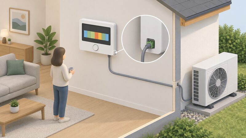 A wall-mounted heat pump room controller on an interior wall, shown with its screen displaying a plain schedule of colour bands and a small port or terminal marked as a smart grid ready input, connected by cable to the heat pump system.