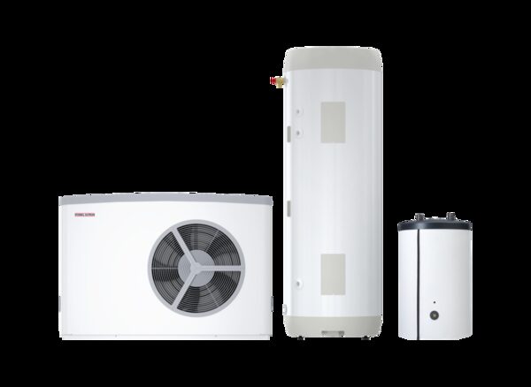 A Stiebel Eltron air source heat pump outdoor unit shown alongside a hot water cylinder and buffer tank on a white background