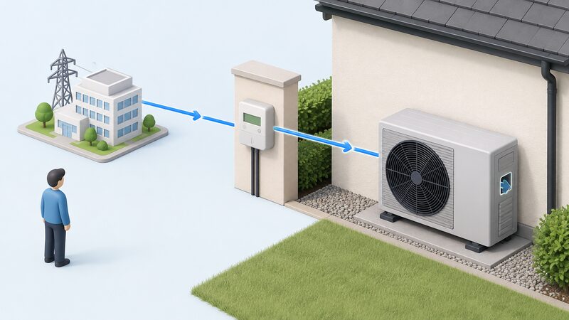 A simple schematic diagram showing a signal flowing as a line with arrows from a supplier or flexibility provider block, through a smart meter block at the home boundary, into a Smart Grid Ready input port on an outdoor heat pump unit beside a house wall.