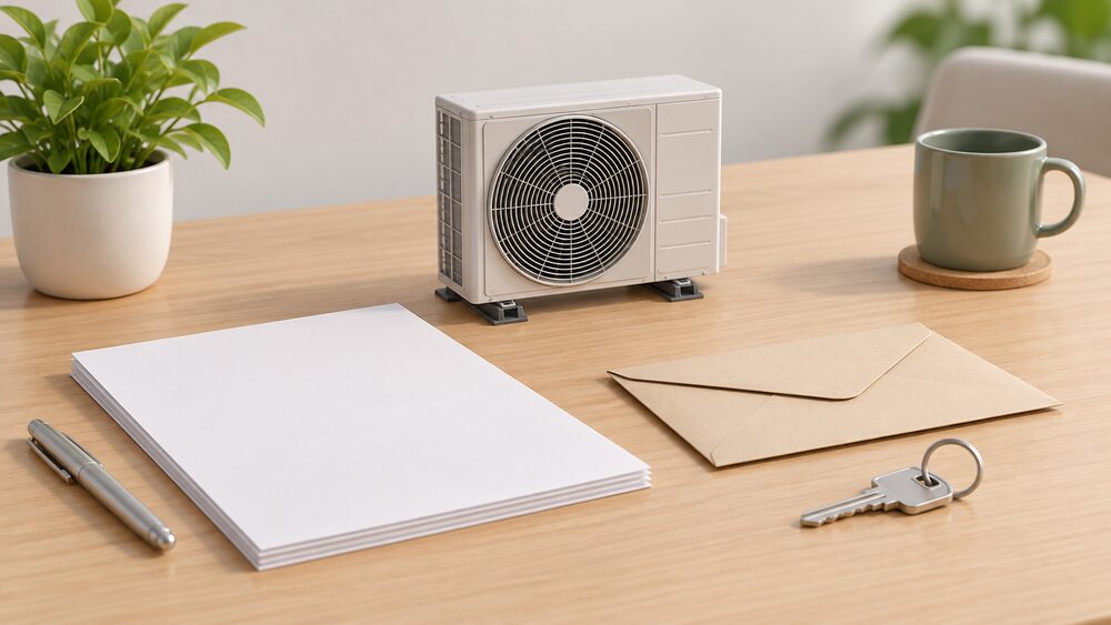 A small model of an air source heat pump outdoor fan unit stands on a table beside blank paperwork, a sealed envelope and a house key, suggesting the moment a new heat pump installation is arranged under new rules.